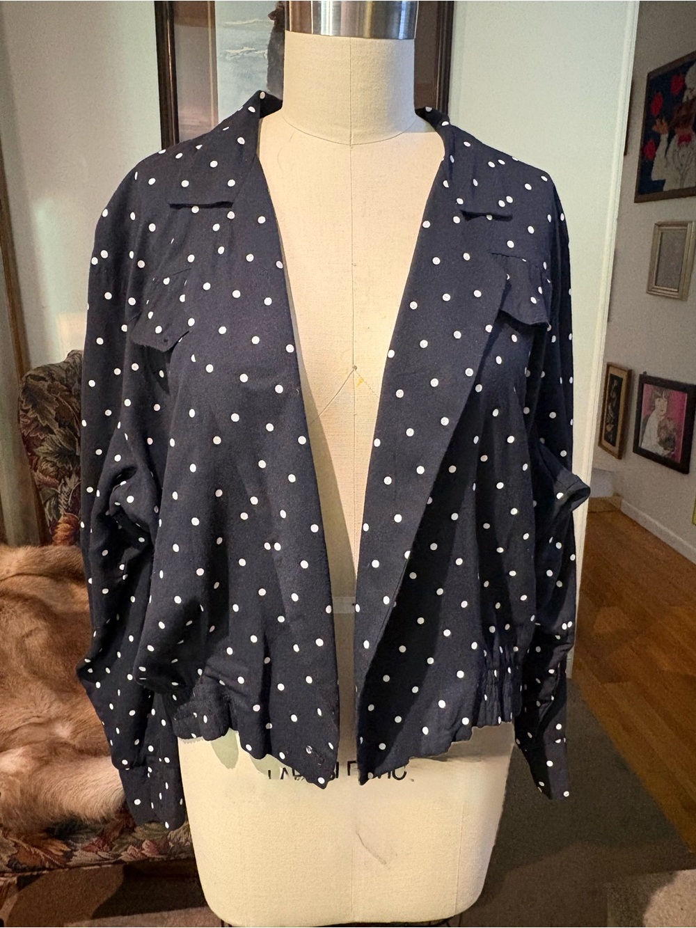 Petite Illustrations Black White Polka Dot Open Front Jacket Blazer XL Vintage